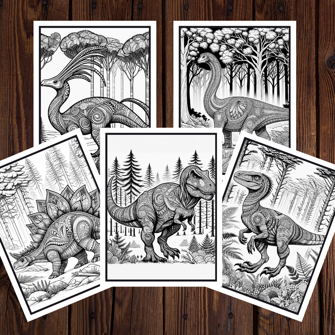 Dino Adventures Adult Coloring Book Vol. 1 - 25 Printable Coloring Pages