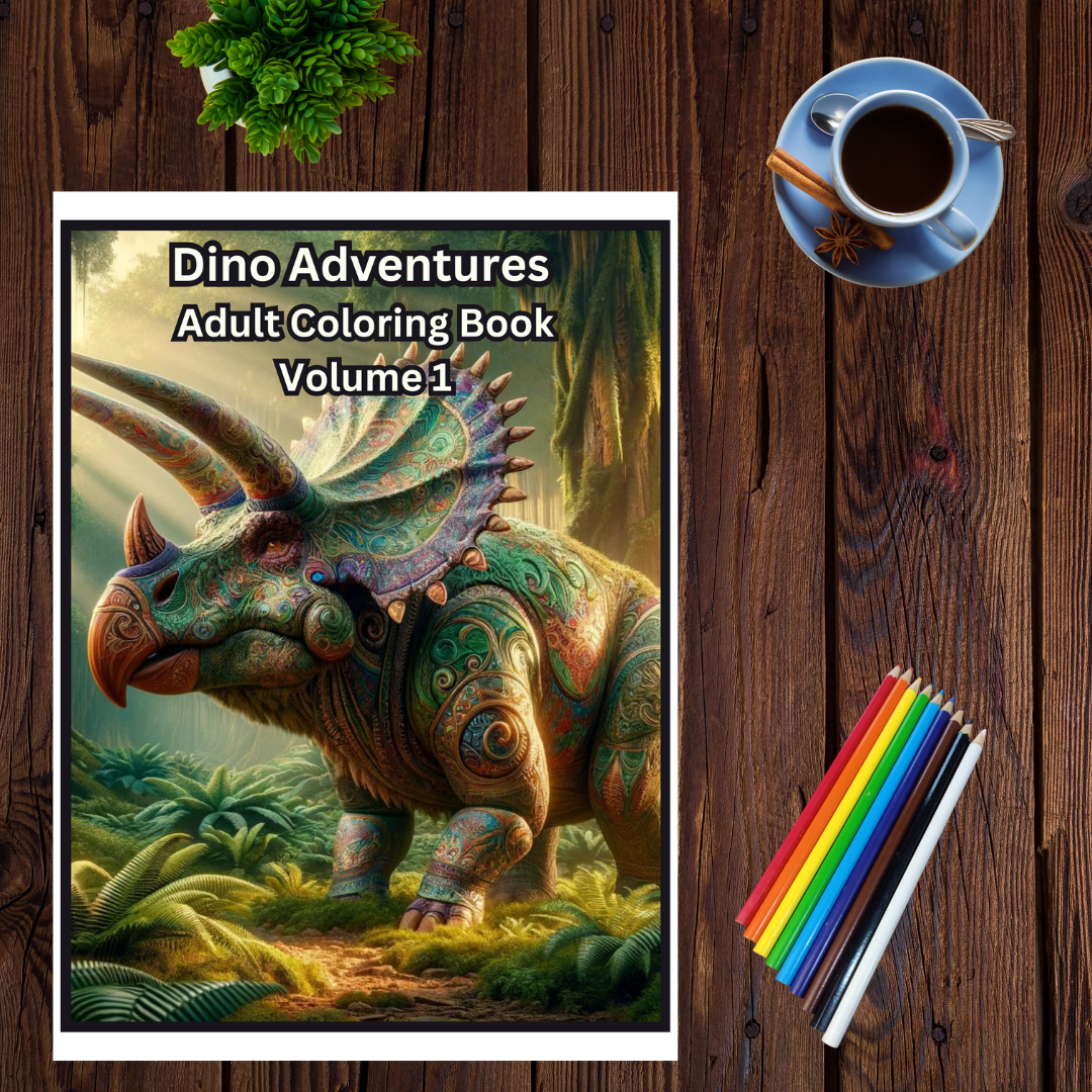 Dino Adventures Adult Coloring Book Vol. 1 - 25 Printable Coloring Pages